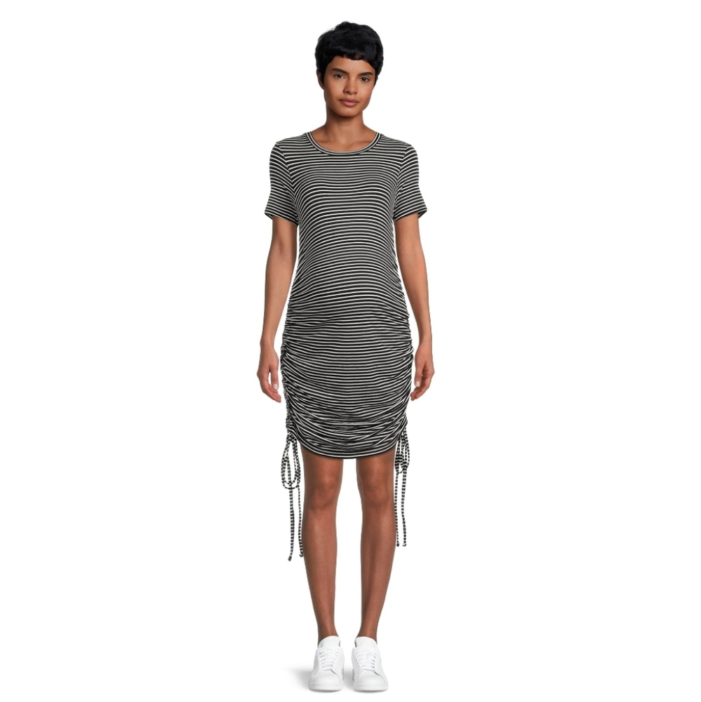 Destination Maternity Short Sleeve Side Ruched Ribbed Bodycon Dress | Stripe - Picture 7 of 11